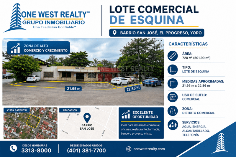 Lote Comercial de Esquina en Venta en El Progreso, Yoro – 720 V² en Zona de Alto Crecimiento